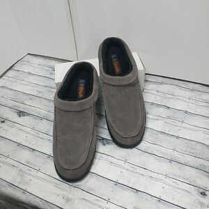 LB EVANS EDMONTON GRAY MEN'S SZ 12 LEATHER SLIPPERS 7530 FAUX FUR.